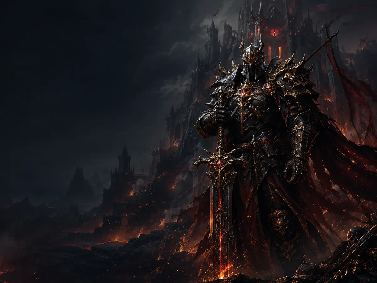 Caballero con armadura oscura frente a una fortaleza en llamas, arte de MU Online +120 FPS de ARMYRED HOST